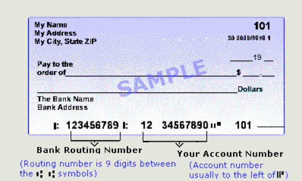 Check showing routing and account number locations